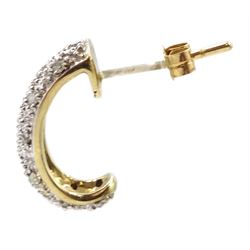 Pair of 9ct gold pave set diamond half hoop stud earrings, hallmarked