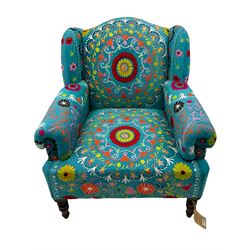 Myakka Victorian style club armchair, upholstered in crazy daisy turquoise fabric 