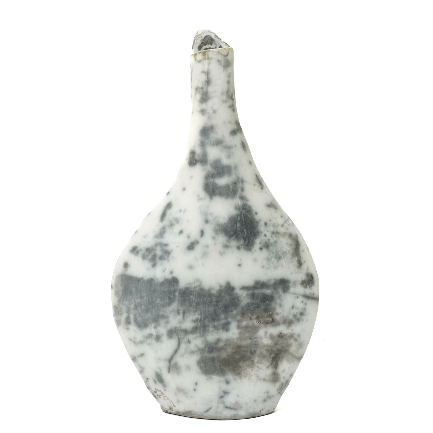 Galea Belinscaia (Yorkshire Contemporary) - Raku fired studio pottery vase of flattened bottle shape decorated in grey and white signed with initials H22cm