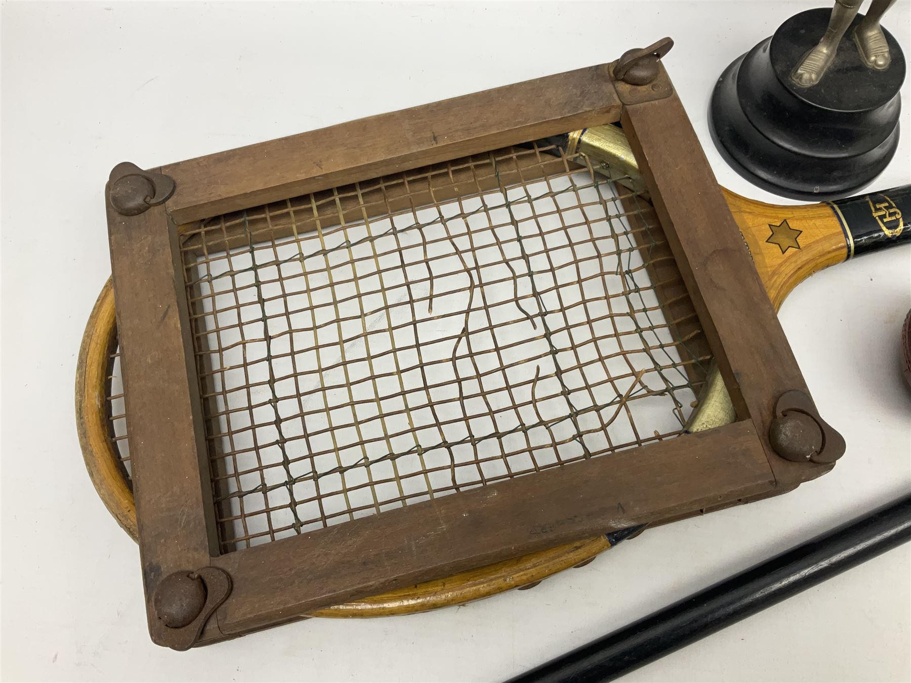 Walking cane, tennis racket, cricket ball (signed) and knight novelty cigarette lighter 