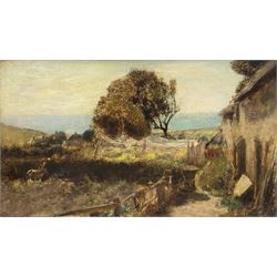 John White (Scottish 1851-1933): 'George Young's Fisherman's Cottage Seatown Nr Chideock Dorset', oil on panel unsigned, titled and dedicated 'To Charles *** from the Painter John White Xmas 1912', 20cm x 35cm