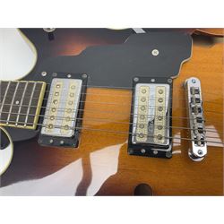 DeArmond Guild Star Fire Custom semi-acoustic guitar c2009 with tobacco sunburst finish and USA DeArmond gold foil pick-ups; serial no.KC9091266; L104cm; in Spider carrying case