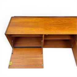 BCM (Bath Cabinet Makers) - mid-20th century teak sideboard, rectangular top with back gallery, left hand side fall front cupboard, centre cupboard opening to reveal a shelved interior, the right side with a bank of three drawers one fitted for cutlery, raised on inset tapering supports
