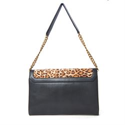 Jimmy Choo black leather and leopard-print calf hair shoulder bag, the rectangular form with leopard-print flap panel, gold-tone push-lock fastening and chain-link shoulder strap with leather shoulder pad, suede-lined interior with zip pocket and maker’s plaque stamped Jimmy Choo Made in Italy, with dust bag