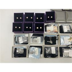 Large quantity of silver and silver stone set jewellery including necklaces, bracelets, stud earrings and cultured pearl earrings, all stamped 925 and boxed 