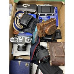 Vintage and later cameras and acessories including Yashica FX-D quartz with Yashica 'ML 50mm 1:2' lens, Kershaw eight-20 Penguin folding camera, 
 box cameras etc, various lenses including Tokina SD '70-210mm 1:4-5.6' etc and other camera related items, all untested, in two boxes
