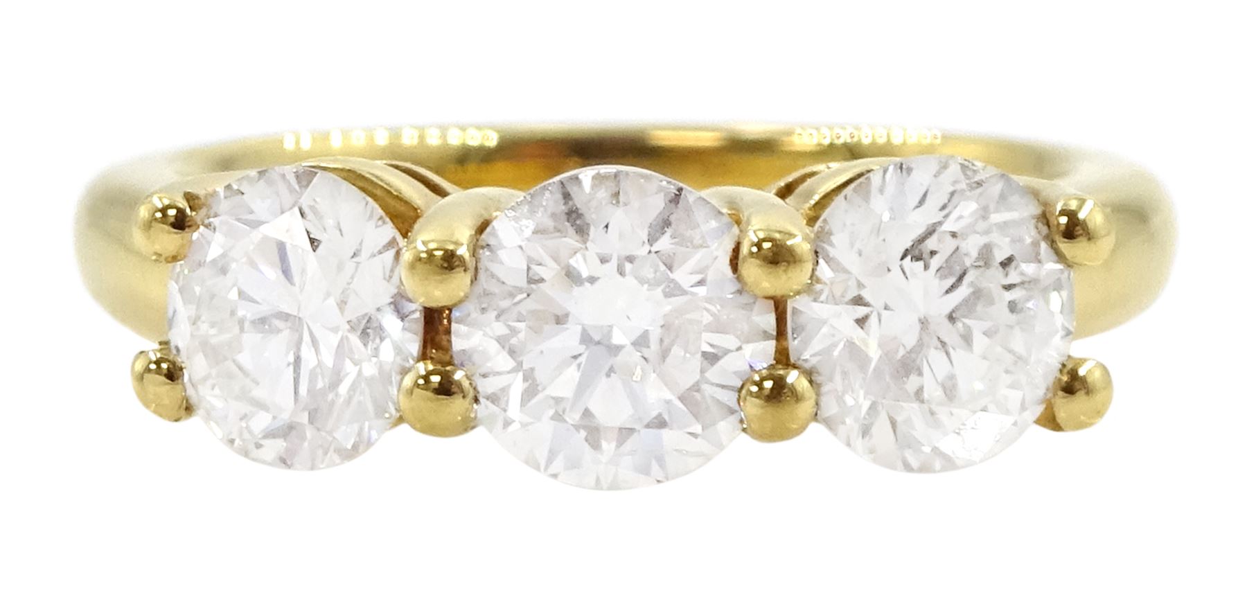 18ct gold three stone round brilliant cut diamond ring, hallmarked, total diamond weight approx 1.80 carat