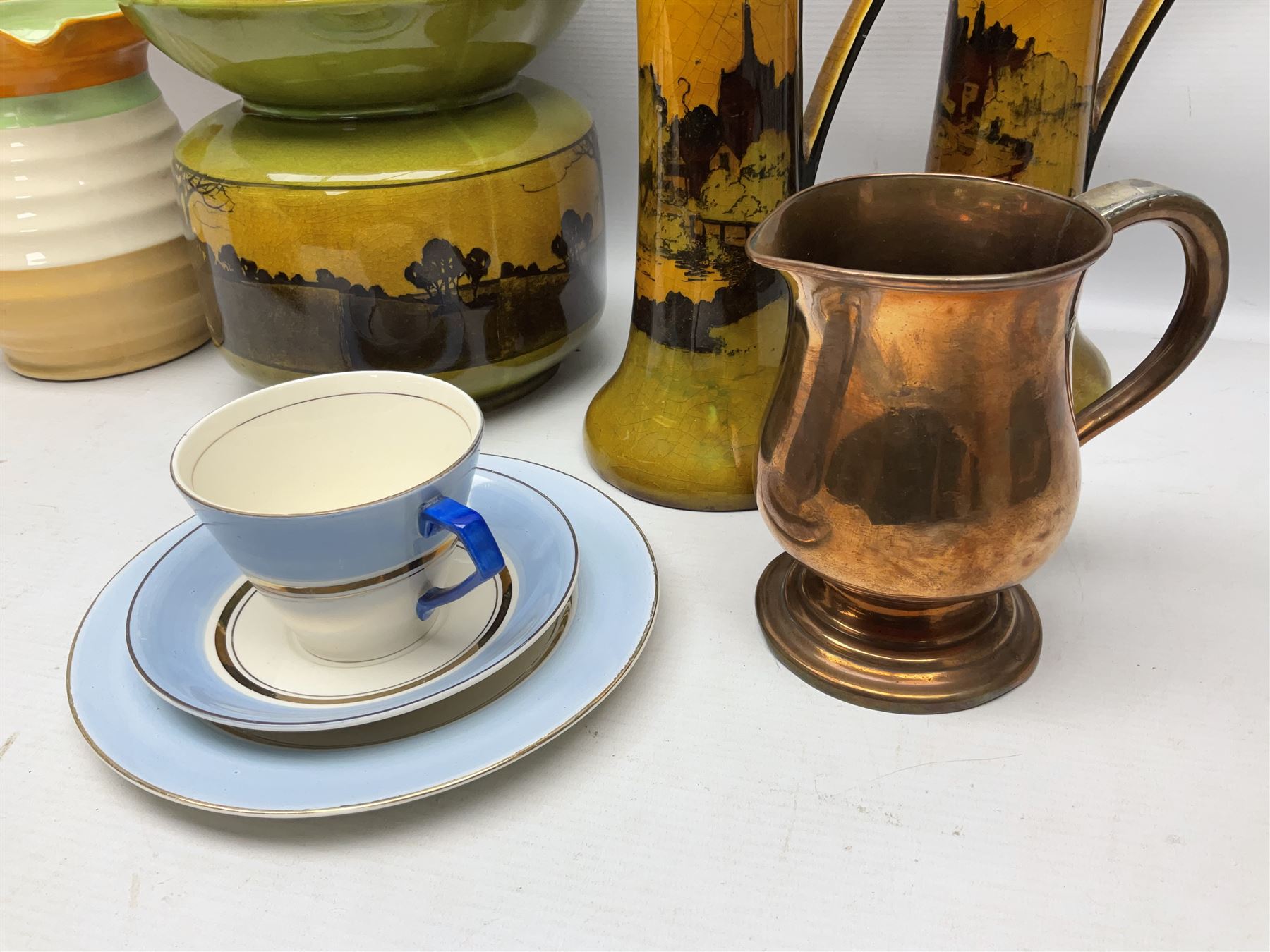 Royal Doulton wide rimmed jardinière, together with two Royal Doulton jugs, Arthur Wood jugs etc