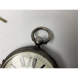 Victorian silver open face fusee lever pocket watch by D A Olswang, Sunderland, No. 7904, white enamel dial with Roman numerals and subsidiary seconds dial, case hallmarked Chester 1895 and a watch chain with silver fob and coin

 

