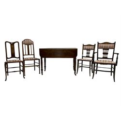 19th century mahogany drop leaf Pembroke table, single drawer, raised on ring turned supports with castors(W101cm D54cm H74cm), and four Edwardian inlaid dining chairs