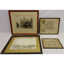  Part of the North Riding of Yorkshire, 17th century map by Richard Blome, 1673, hand coloured, York Minster, 20th century etching by Tom Whitehead, 19th century map of Yorkshire and Scarborough, lithograph max 27cm x 33cm (4)  