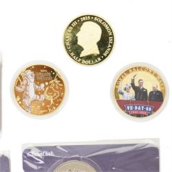 Nine Elizabeth II and Charles III £5 coins, five 50p coins, five Soloman Islands half dollar coins and other coins