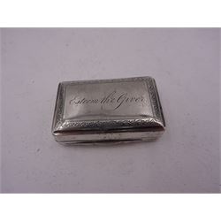 George III silver snuff box, of rectangular form, engraved to base with quote 'Esteem the Given' and to hinged cover with monogram, bordered by a band of acorns and oak leaves, opening to reveal a gilt interior, hallmarked John Shaw, Birmingham 1813, L5cm