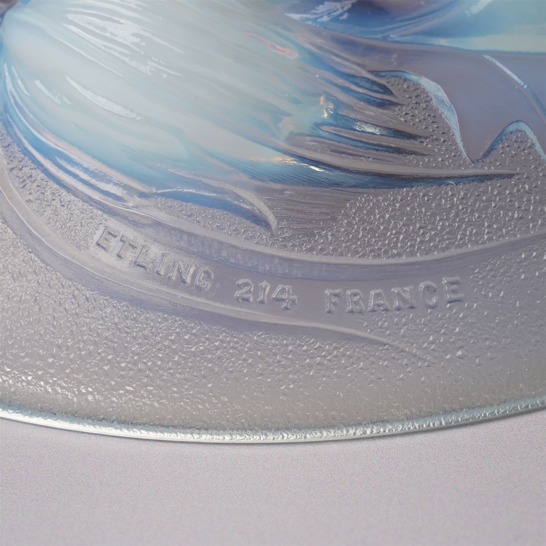 Etling opalescent glass bowl, with moulded thistles, marked 'Etling 214 France' to base, W23cm
