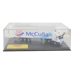 Two limited edition Oxford Haulage 1:76 scale diecast articulated lorries, comprising 'McCulla' model DAF01FR and 'Tuners of Soham' model MAN01FR, together with three Oxford 1:76 scale recovery trucks, comprising DAF02REC KArdos Recovery, VOL02REC Sovereign Recovery and SP017 Ken Williams Recovery, all boxed (5)