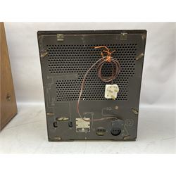 1950s Bush AC41 mahogany cased valve radio, 1930s Philips 588A with walnut veneer case, and 1940s Cossor Model 77, tallest H47cm W36cm D24cm