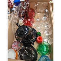 Collection of cranberry glassware, to include decanters, claret jugs, glasses, together with other glassware and ceramics