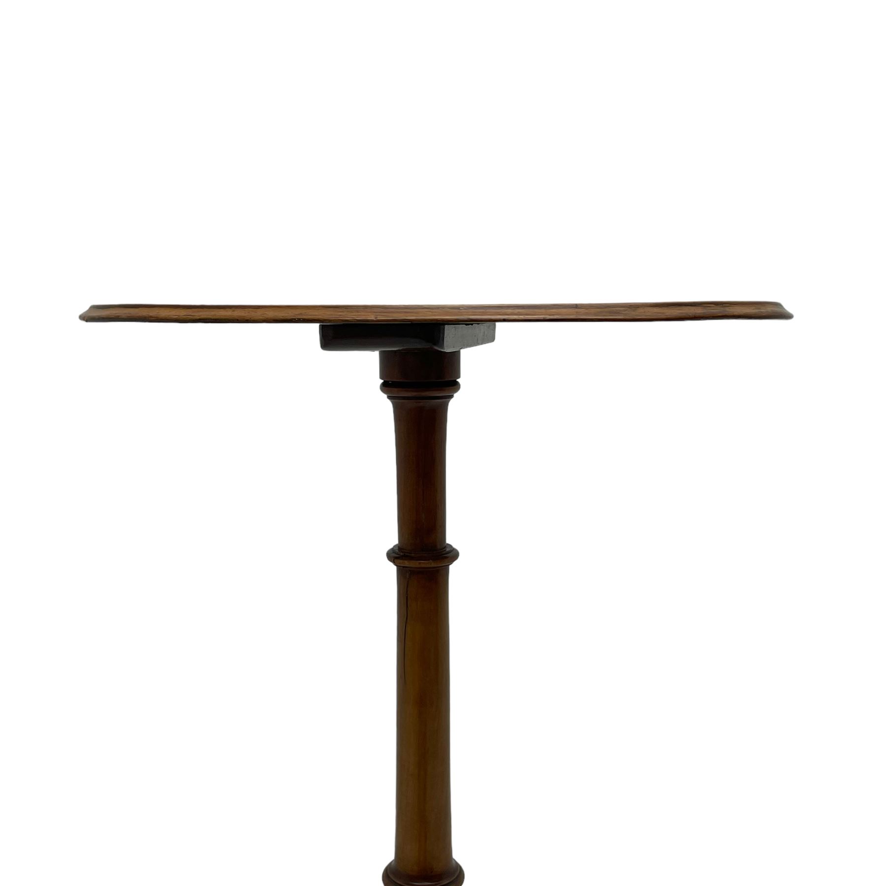 19th century satinwood tripod wine table, moulded oval top inlaid with boxwood and ebony stringing, fine turned vasiform column, three splayed supports with spade feet