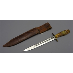  German Hunting knife, 21.5cm bayonet blade with single fuller, antler grip inset with brass Deutches Reich 1939 button, brass cross guard, L32cm in stitched brown leather sheath  