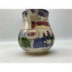 19th century transfer printed jug, inscribed 'The real Cabinet of Friendship', and 'Every one helped his Neighbour', H.5cm