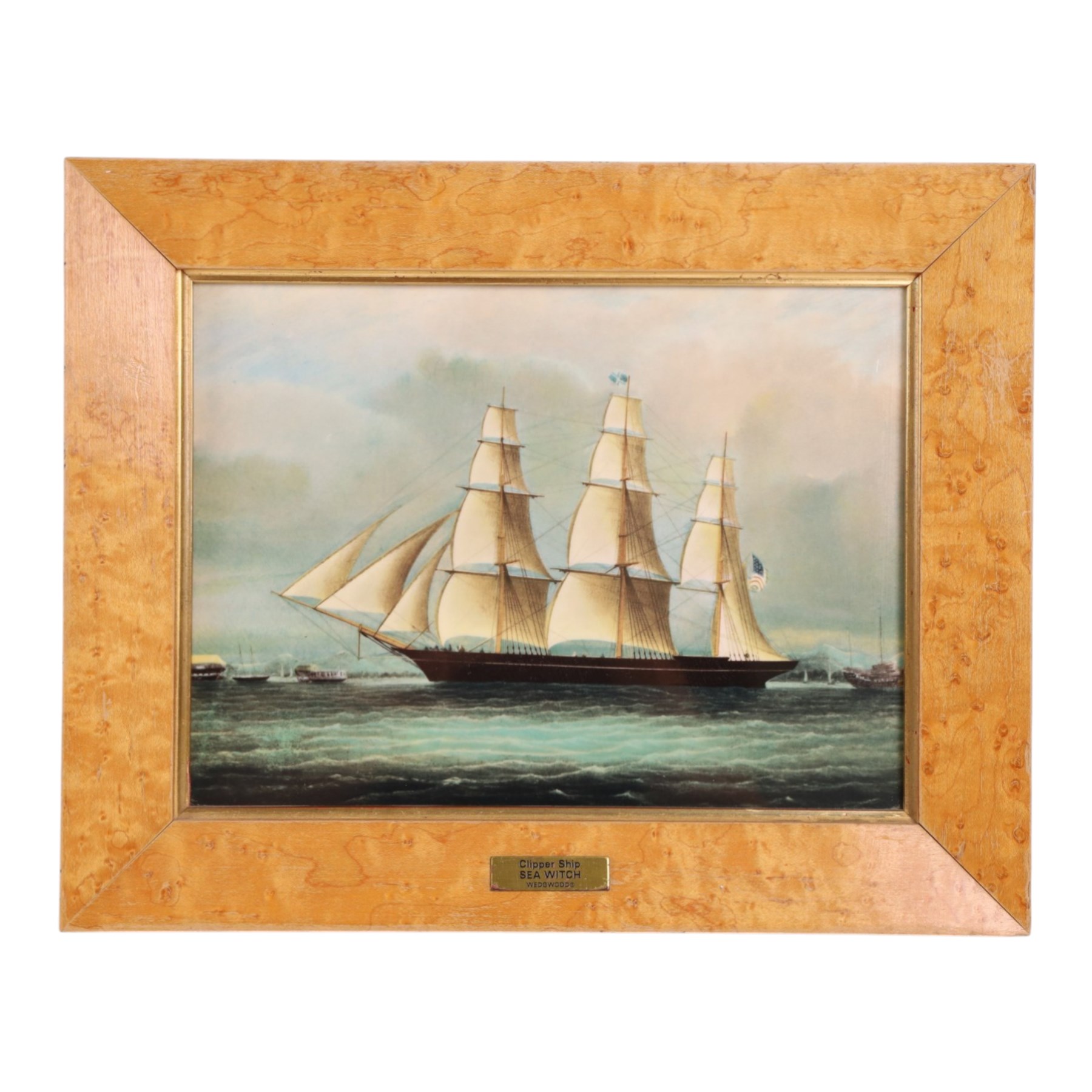 Set of Six Wedgwood plaques, each decorated with a clipper ship, inscribed to the reverse, in maple frames, 25cmx31cm