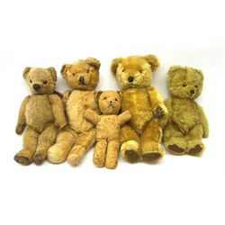 Four English teddy bears 1930s-50s including Chad Valley wood wool filled with swivel jointed head, glass type eyes and vertically stitched nose and mouth and jointed limbs H15