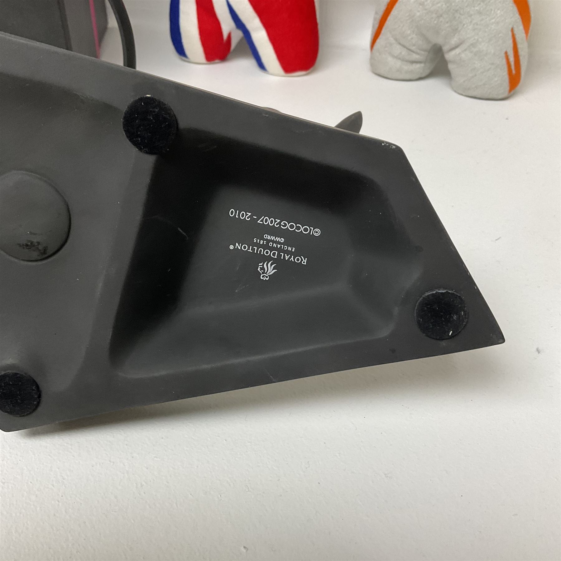 Royal Doulton London 2012 Olympics matt black stylised figure of a gymnast, in box, together with two stuffed mascots