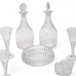 *Set of six Stuart crystal wine glasses with leaf etched decoration and cut tapering stems, nine smaller matching glasses, pair of Waterford Colleen tumblers, pair of smaller tumblers, pair of glass decanters and two glass ashtraysFrom the Kirkham Hall Attic & Cellar Collection, sold without reserve