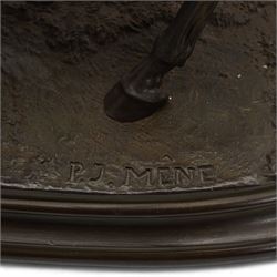 After Pierre-Jules Mene (1810-1879) - 'L'Accolade' (The Embrace) a bronze group of two horses with their necks crossed standing on a shaped oval base signed 'P J Mene' H36cm x W51cm
