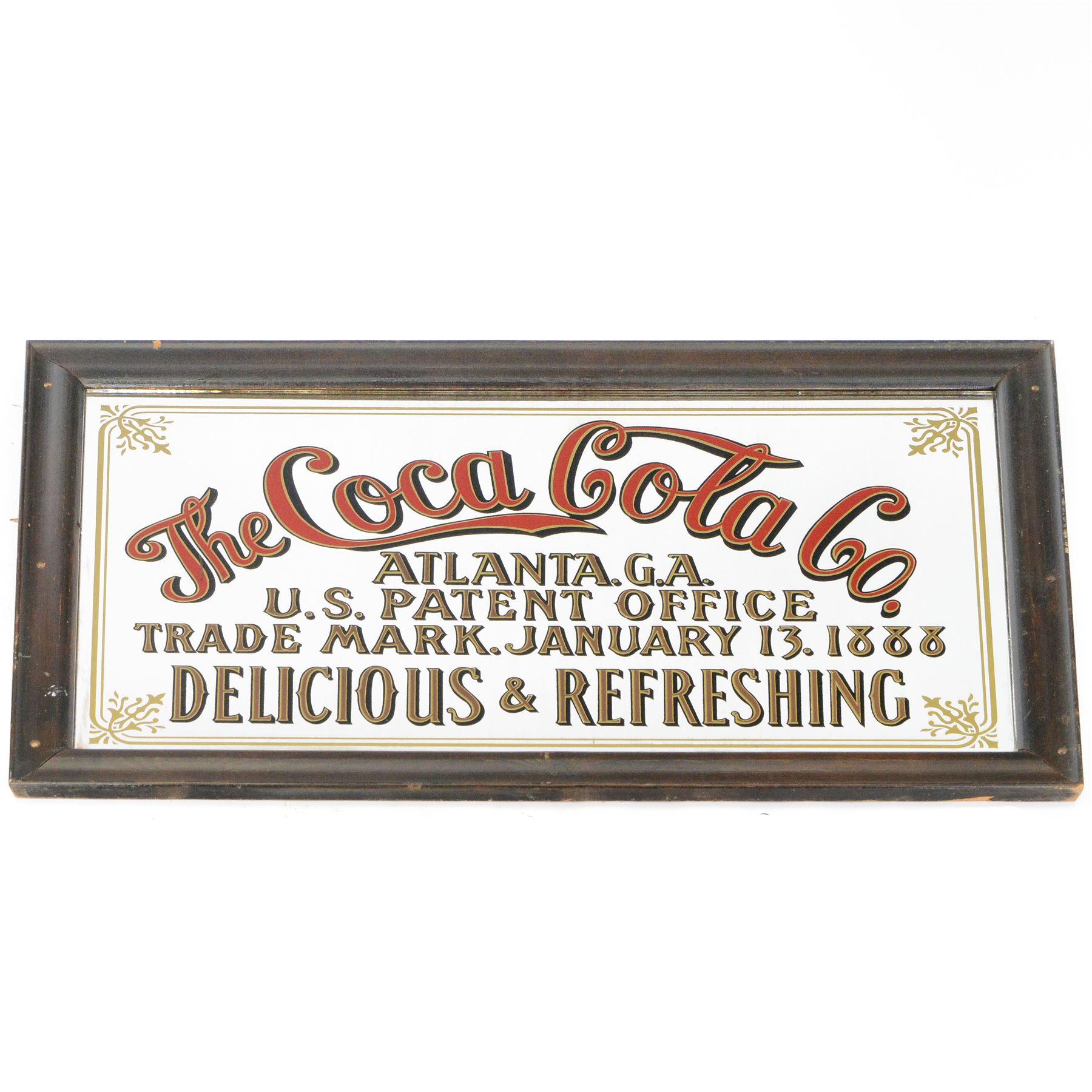 The Coca Cola Co advertising mirror, 'Atlanta GA U.S Patent Office Trade mark   Delicious & Refreshing' H77cm, W120cm 