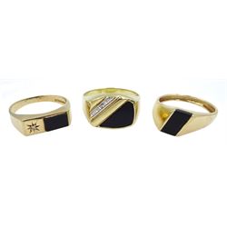 Two 9ct gold black onyx and diamond rings hallmarked and one 9ct gold black onyx ring tested