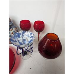 Makkum urn, collection of red art glass including large bowl and a carved wooden elephant, etc