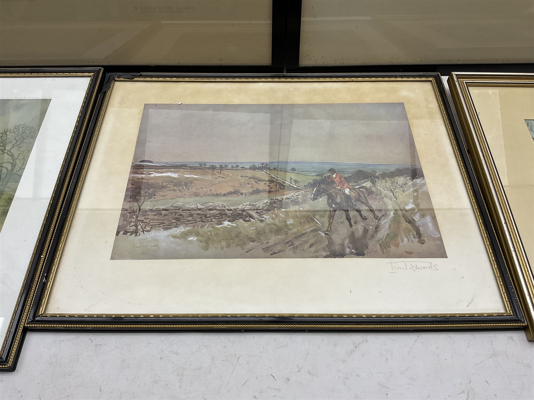 Lionel Edwards (British 1878-1966): pair of hunting prints signed in pencil; After Robert Hugh Buxton (1871-c1965): 'A Check in the Valley' and 'Over Hill and Dale', pair chromolithographs; Samuel Buck (British 1696-1779): 'The South View of Harlsey Castle near Northallerton Yorkshire', engraving; together with two further hunting prints and a Peter Scott print (8)