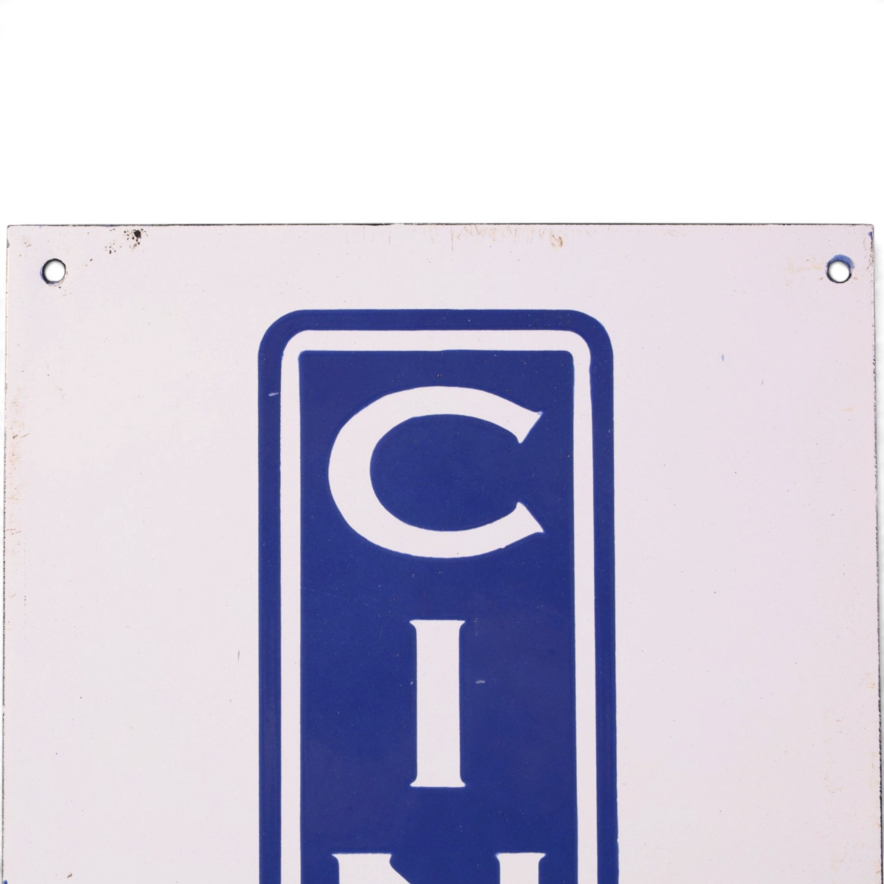 Art Deco style 'Cinema' reproduction enamel sign, blue on a white ground, H43cm