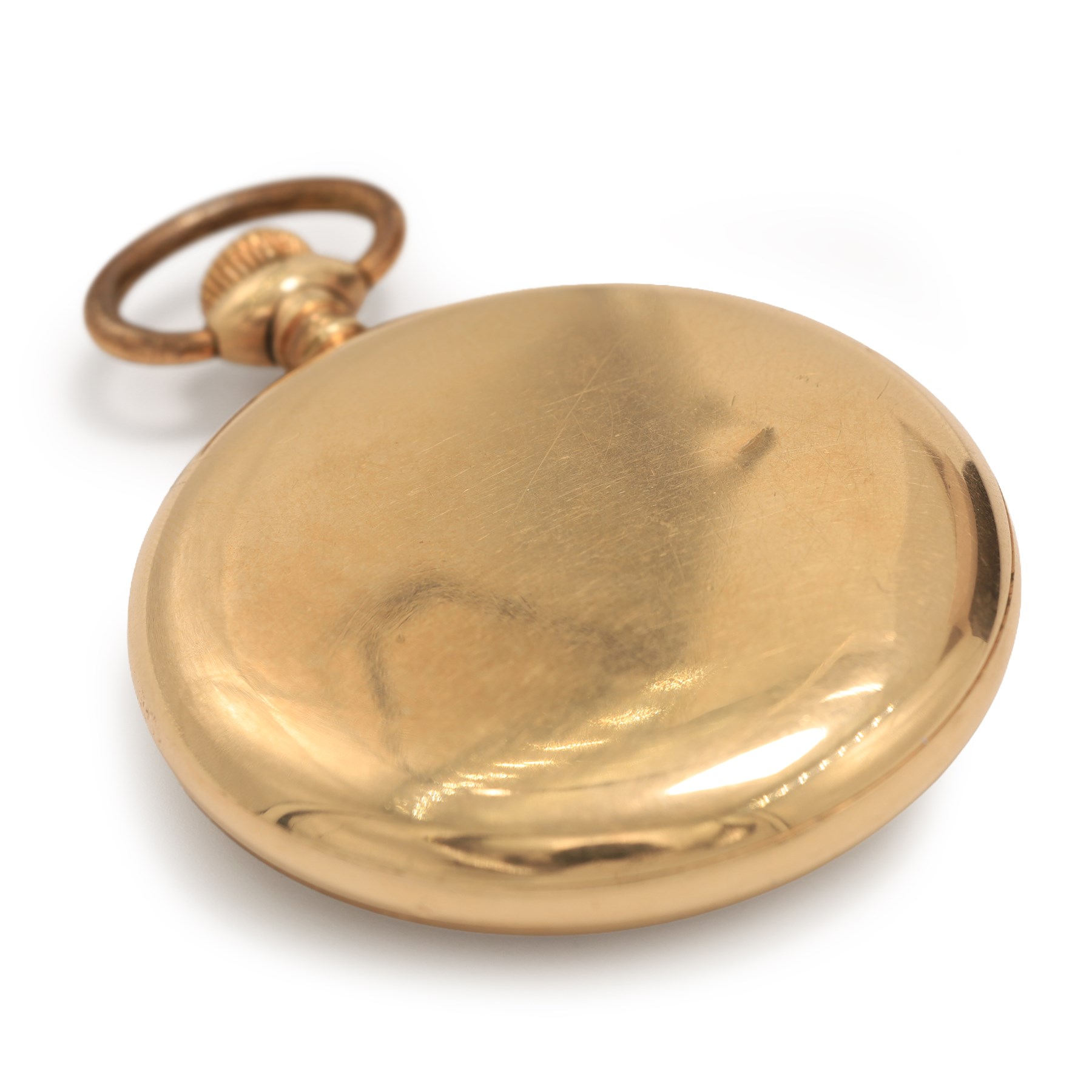 Early 20th century gold-plated open face keyless lever pocket watch by Omega, No. 3481968, white enamel dial with Arabic hour markers, outer 5 minute ring and subsidiary seconds dial