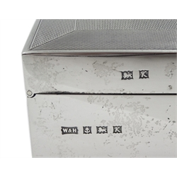 Silver rectangular presentation cigarette box, engine turned decoration by  Walker & Hall, Birmingham 1959