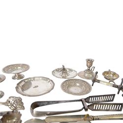 Group of silver, including sugar tongs, christening set, egg  cup, salt, strainer, silver mounted cutlery and Continental silver, together with silver plated items and other metalware 