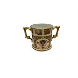  Royal Crown Derby 1128 pattern two handled loving cup H7.5cm, together with Coalport gilded twin handled dish D17cm 