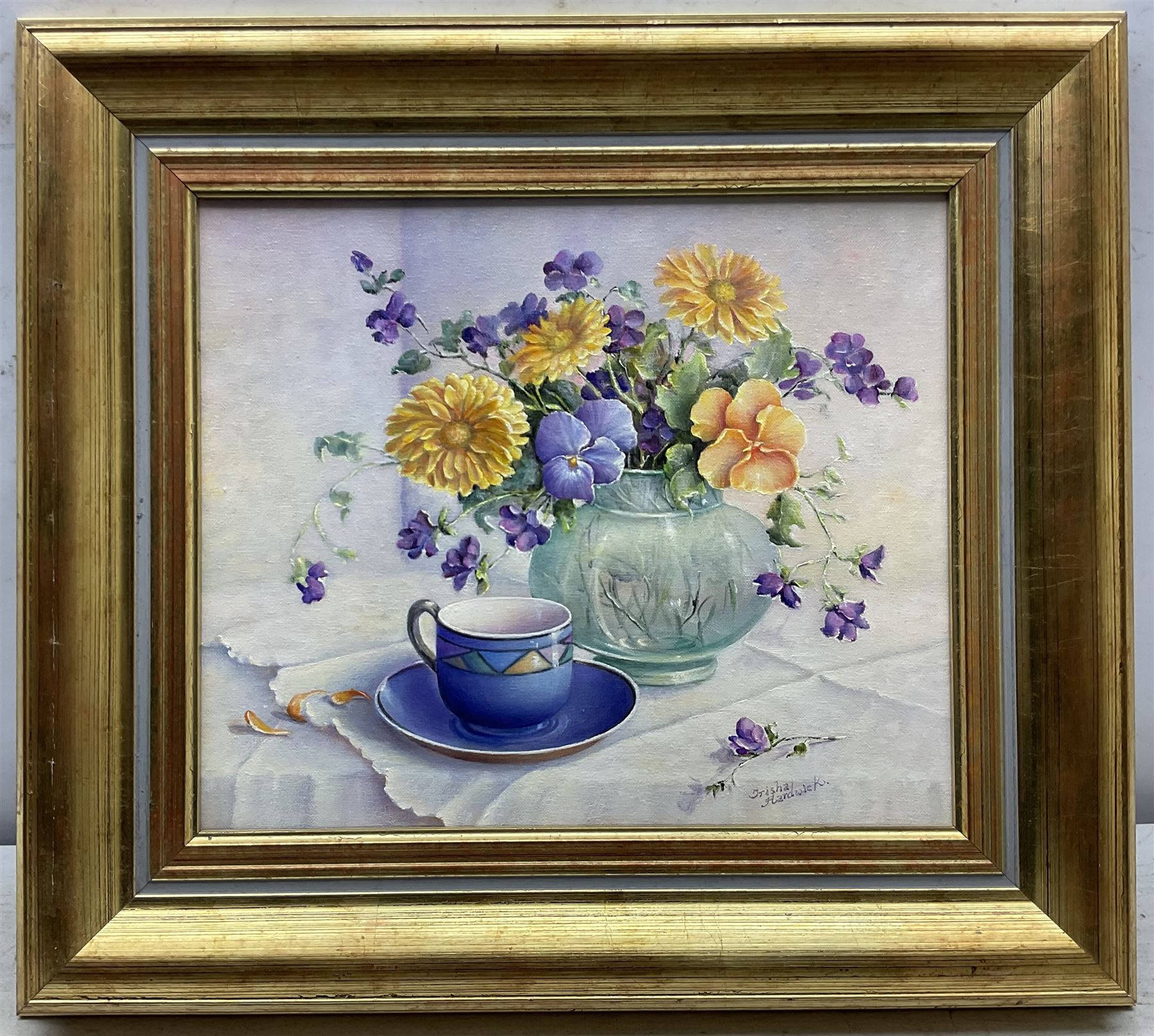 Trisha Hardwick (British 1949-2022): 'Summer Blue' - Still Life of Flowers with Cup of Tea, oil on canvas signed, titled and dated '93 verso 28cm x 34cm