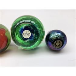 Collection of glass paperweights to include three Wedgwood examples modelled as birds, two Rosenthal faceted examples, a millefiori example, together with art glass examples to include Eirian swirled teardrop and another teardrop shaped paperweight by Caithness