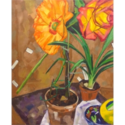  Still Life of Flowers in Pots, contemporary mixed media on board by Dorothy Thelwall unsigned 91cm x 91cm  Notes: from her Studio collection Ripon   