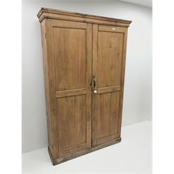 19th century housekeeping cupboard, projecting cornice above two panelled doors, plinth base