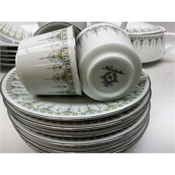 Noritake Kambrook pattern tea and dinner service for six, to include twin handled lidded tureen, lidded sucrier, teapot and coffee pot, six teacups and saucers, six dinner plates etc, together with a Noritake cake stand, all with printed marks beneath