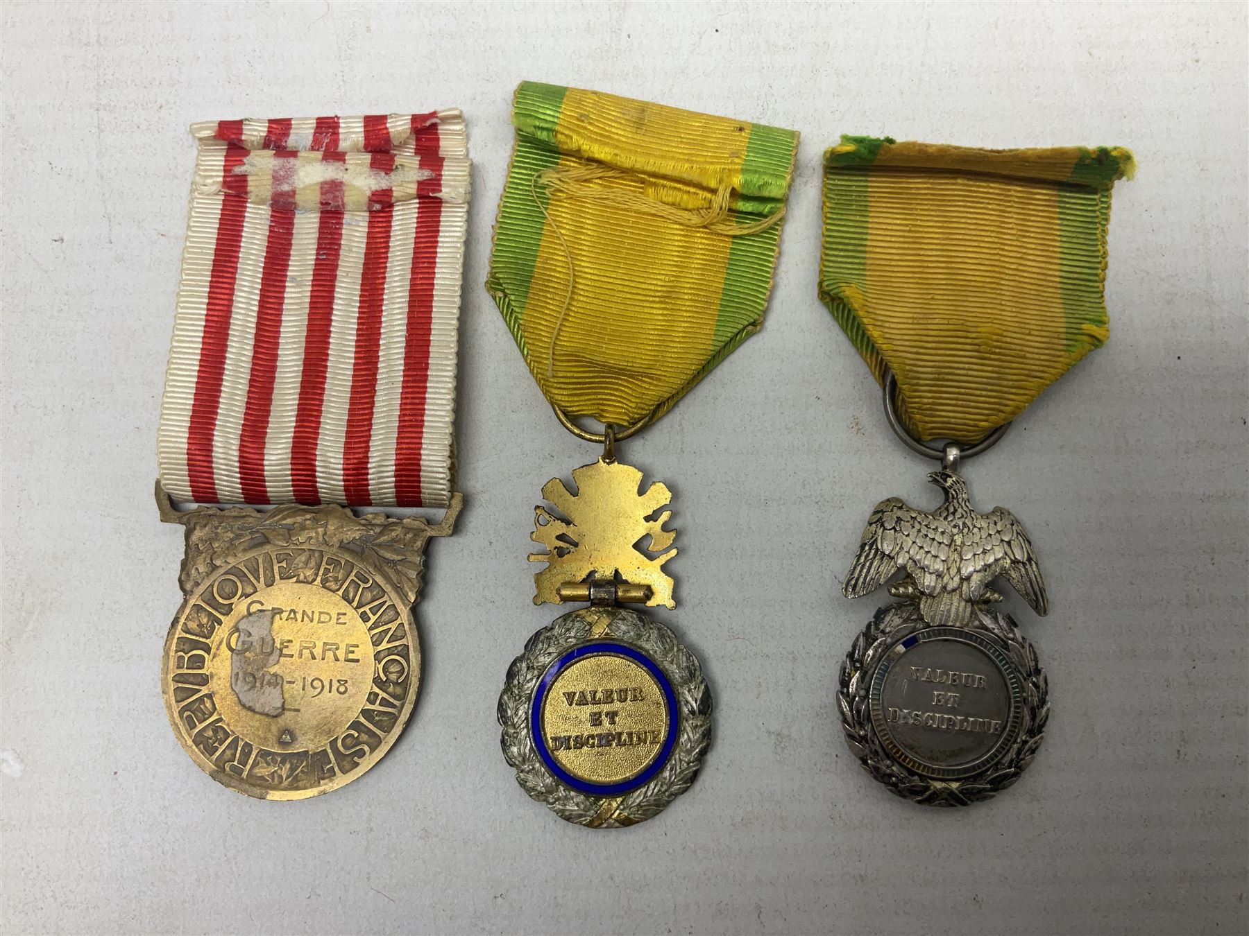 Six French medals - 2nd Empire Louis-Naploeon Medaille Militaire Valeur Et Discipline; 1870 3rd Republic Medaille Militaire Valeur Et Discipline; WW1 Croix-De-Guerre with MID star; WW2 Theatres D'Operations Exterieurs Croix-De-Guerre; WW1 Commemorative Medal; and Croix De La Valeur Militaire; all with ribbons (6)