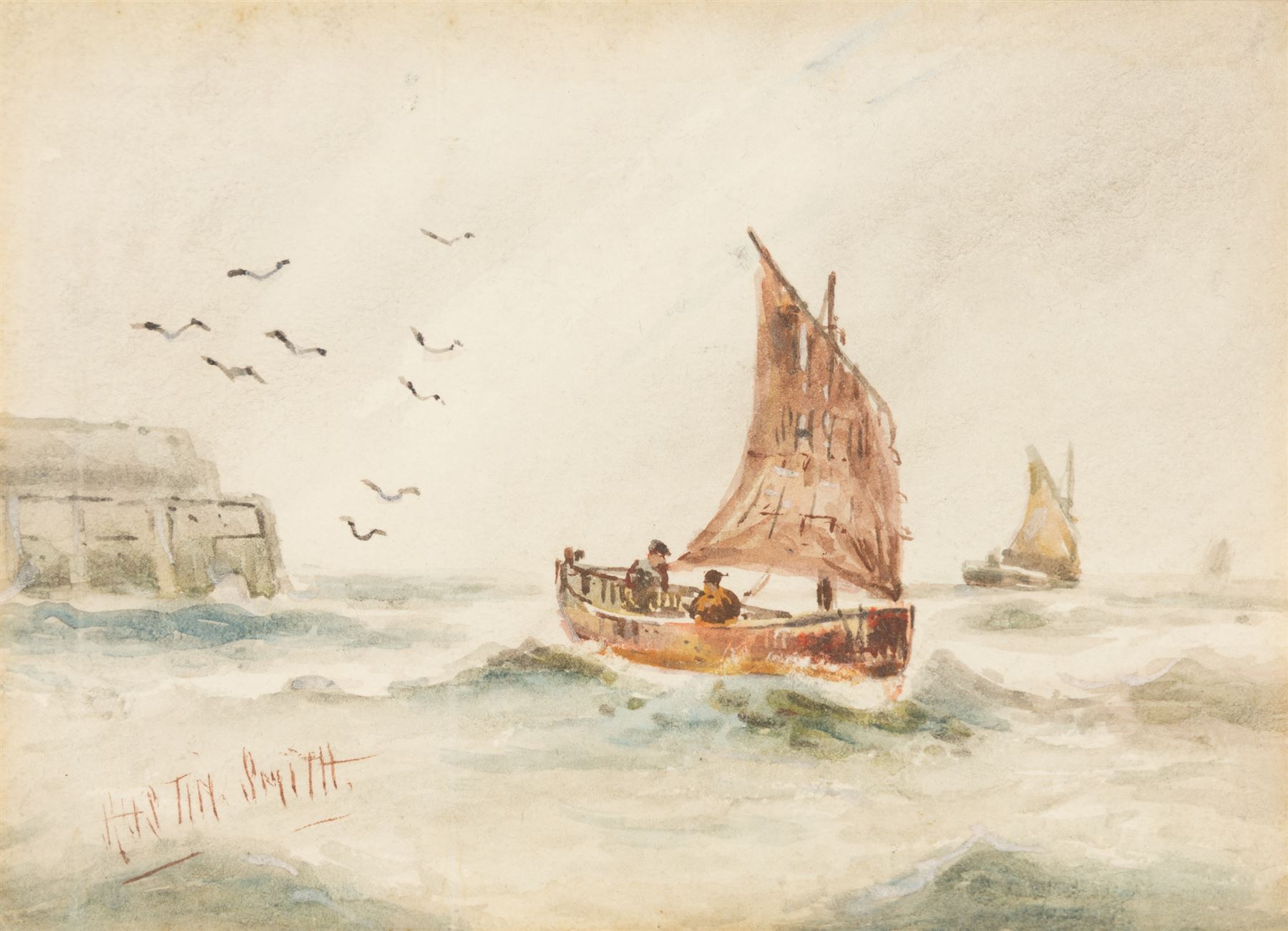 Austin Smith (British fl.1913-1928): Sailboats off Scarborough, pair of watercolours signed; together with Alfred Durham (British 19th century): Coastal Views of Scarborough, set of three watercolours heightened with white signed and one dated 1907 max 18cm x 32cm (5)