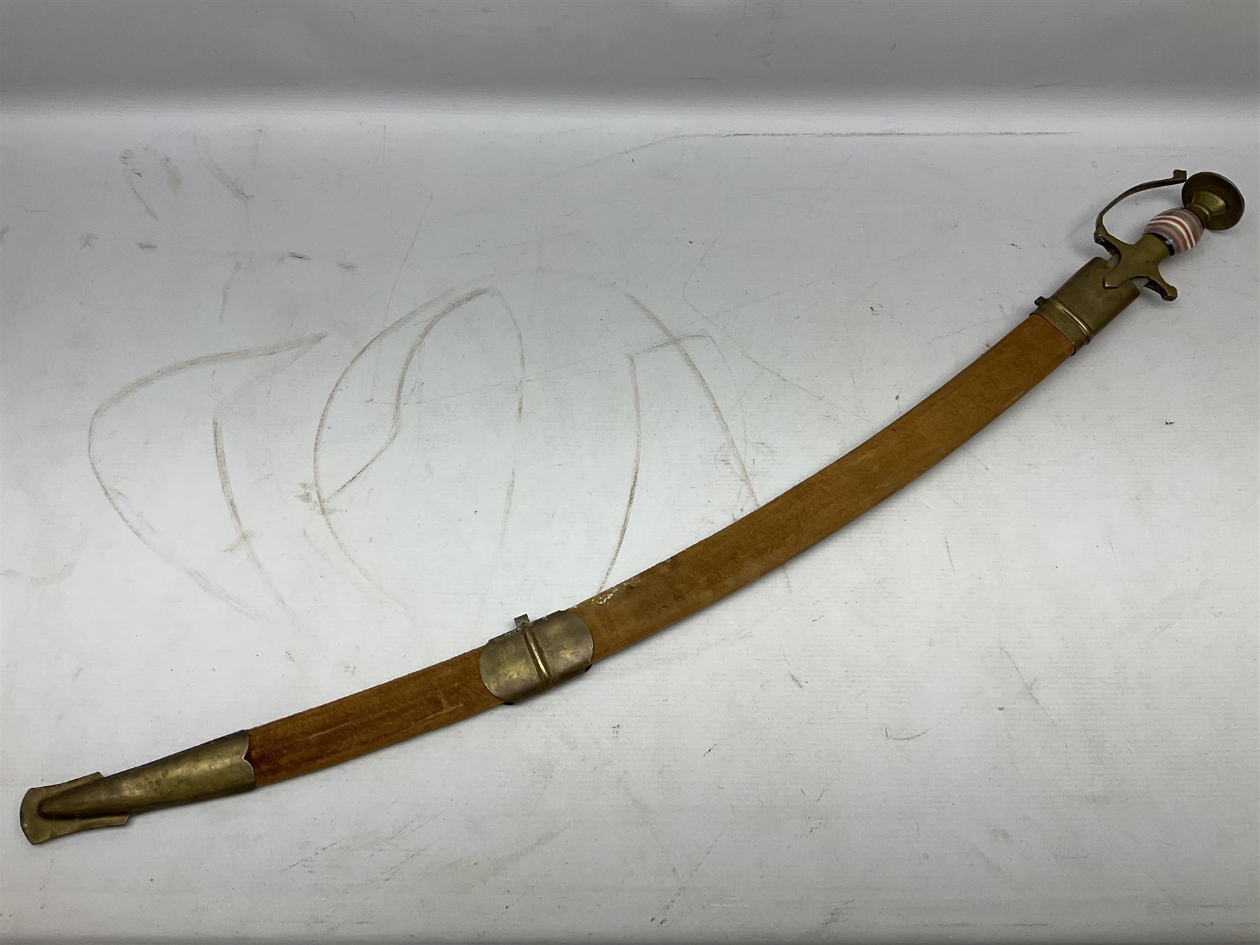 Early 20th century Indian ebonised sword stick, the 59.5cm blade with punched decoration and horn grip L94cm overall; and a reproduction Indian tulwar with scabbard (2)