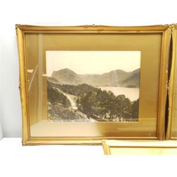 George Perry Abraham FRPS (Keswick 1846-1923): 'Ullswater', 'Buttermere Lake & Honister Crag', 'Thirlmere & Helvelyn', 'Cattle Study Derwentwater' and 'Wastwater & Great Gable', set five 20th century monochrome photographs with some hand tinting, titled on old labels verso in original frames, 28.5cm x 36cm, and another larger untitled, 42cm x 58cm (6)