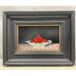 Elisabeth Klein (Contemporary): Pears and Redcurrants, two oils on board signed with monogram, max 13cm x 21cm (2)