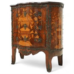 French Louis XV design serpentine fronted rosewood and fruitwood commode, the later shaped mahogany top over  three drawers, inlaid with a floral marquetry urn and flowers, within ormolu mounted borders, the sides inlaid with matching bouquet marquetry, raised on bracket feet