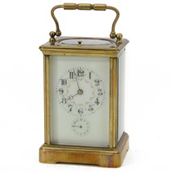 French - Early Edwardian corniche cased 8-day carriage clock, decorative enamel dial with floral garlands, Arabic numerals, minute markers, steel moon hands and conforming alarm setting dial, four rectangular glass panels and an oval viewing glass to the top, with a silvered lever platform escapement and 
timing screws to the jewelled balance, twin train rack striking movement with repeat, sounding the hours, half hours and alarm on a coiled gong.  Original traveling case with viewing glass and key.
